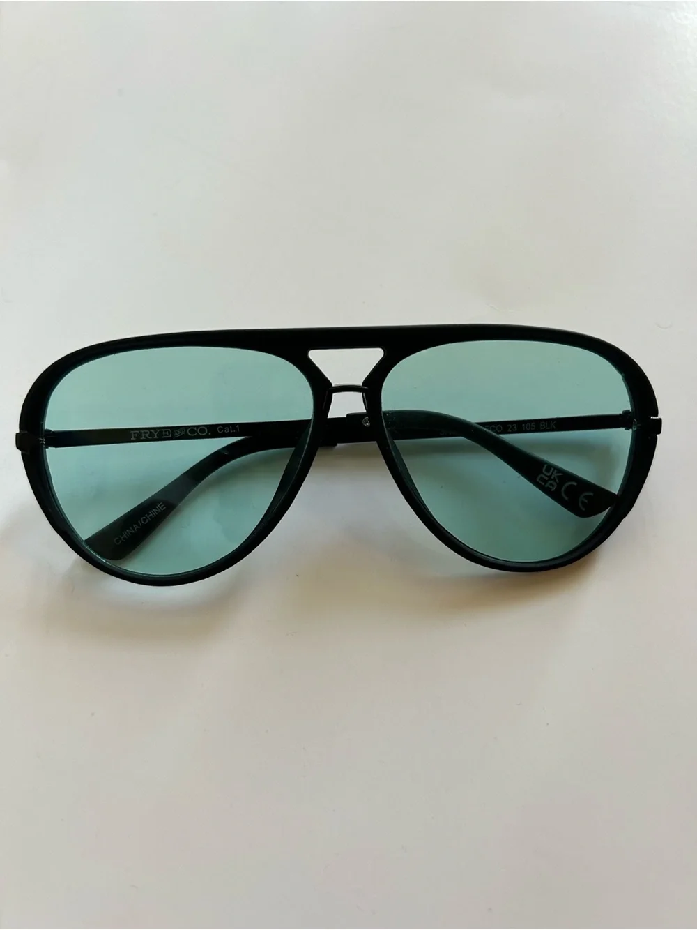 Frye and Co Aviator Sunglasses matter black light teal lens